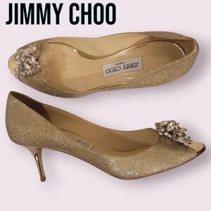 Jimmy Choo LETINA Gold Glitter Lame Crystal Glam Open Toe High Heel Shoes 8 1/2